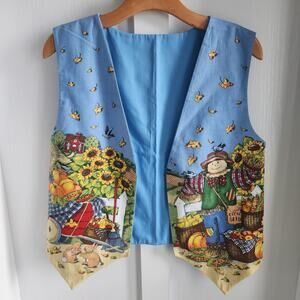 Vintage Vest 1990s Scarecrow Harvest Fall Cotton Handmade Thanksgiving Kitschy